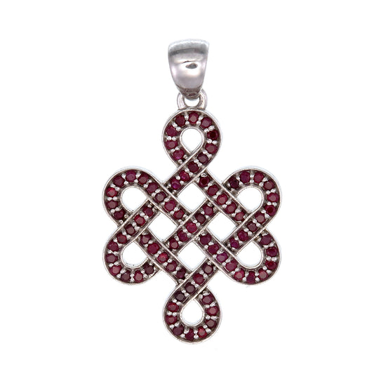 A sterling silver pendant featuring a Ruby Shrivasta Endless Knot design with multiple interlinked circles and a central ruby surrounded by smaller clear rubies.