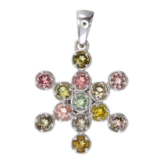 A sterling silver snowflake pendant with multiple multicolored tourmaline stones set within it.