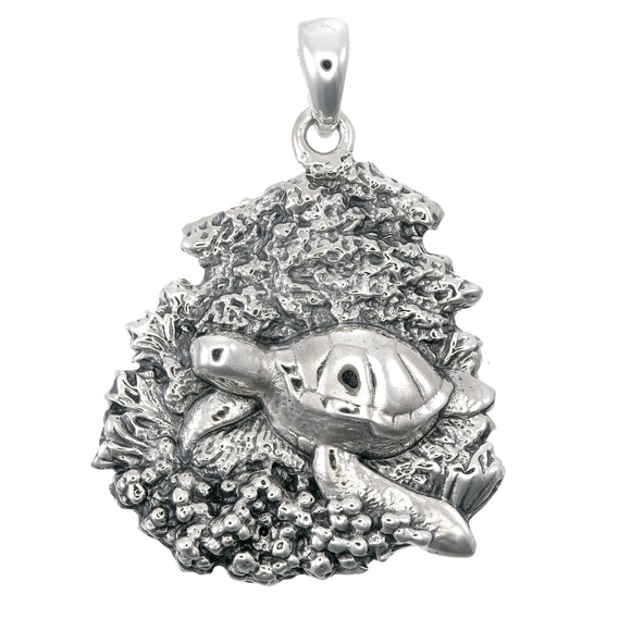 Sea Turtle in Coral Sterling Silver Pendant Necklace
